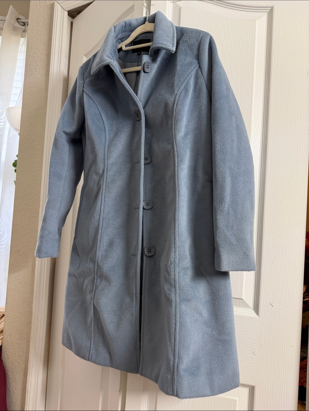 Womens Light Blue Wool-Blend Single-Breasted Coat